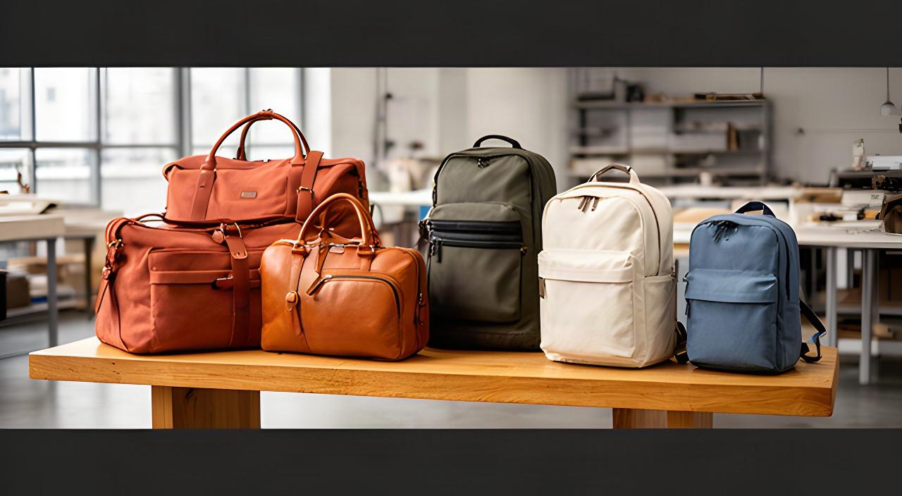 Auswahl an Reisetaschen und Rucksäcken auf einer Holzbank in einem Zürcher Atelier