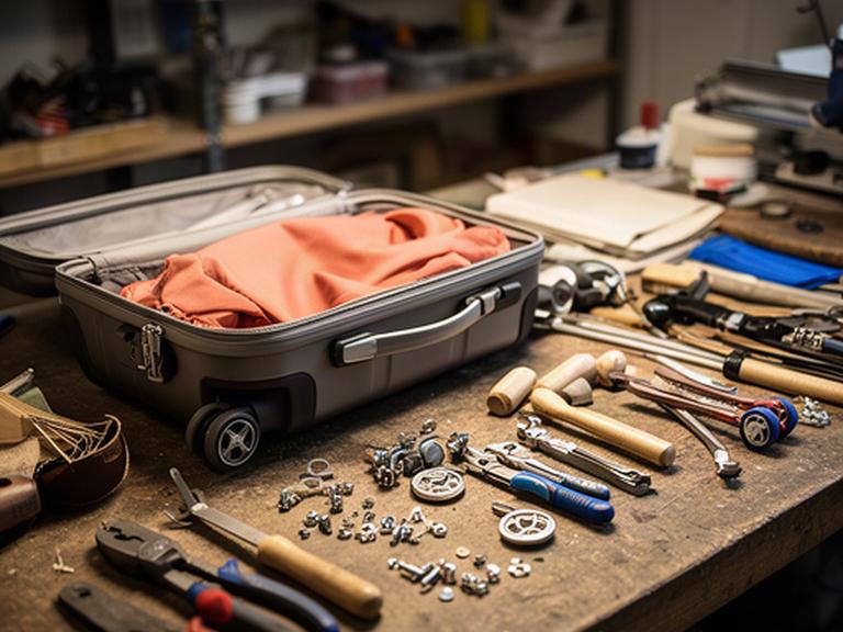 Werkbank in der Zürcher Gepäckwerkstatt mit Werkzeugen und einem halb zerlegten Koffer