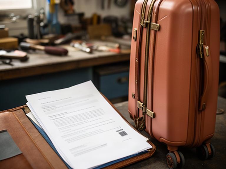 Ordner mit Datenschutzunterlagen neben einem Koffer in einer Zürcher Gepäckwerkstatt