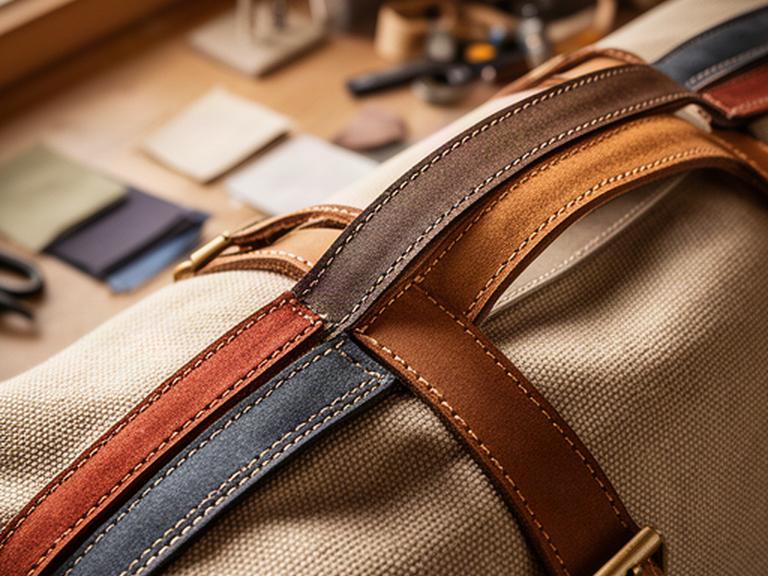 Detailaufnahme von genähten Taschengriffen und robustem Reisetaschenstoff im Zürcher Atelier